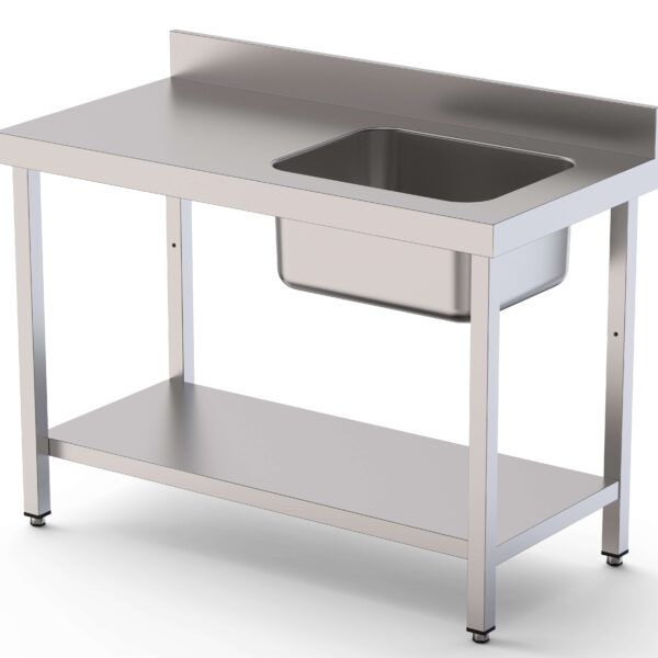 Mesa de Trabajo Acero Inoxidable Mural Con Estante y Con Cubeta a la Derecha 1600x600x850h mm WTW16016RB1