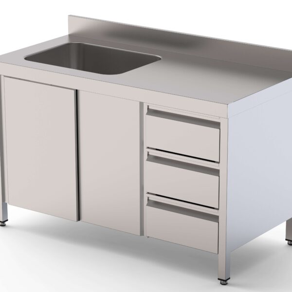 Mesa de Trabajo Acero Inoxidable Mural Con Puertas y Con Cubeta a la Izquierda y Cajones 2000x600x850h mm WTW16020LBSDDR
