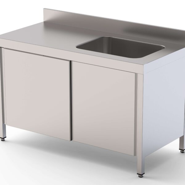 Mesa de Trabajo Acero Inoxidable Mural Con Puertas y Con Cubeta a la Derecha 1200x700x850h mm WTW17012RBSD