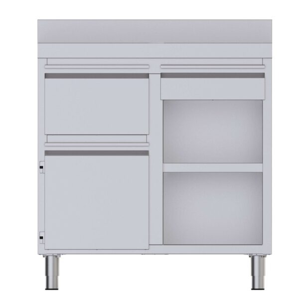 Mueble Cafetero Acero Inoxidable Con Tolva a la Izquierda, 1 Estante, 1 Puerta y 1 Cajón 1000x600x1050h mm CST60100D2SLB