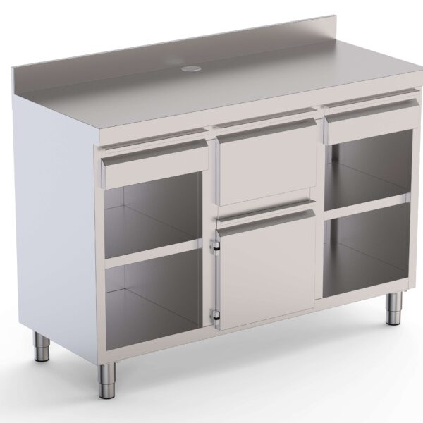Mueble Cafetero Acero Inoxidable Con Tolva Central, 2 Estante, 1 Puerta y 2 Cajones 2500x600x1050h mm CST60250D2S