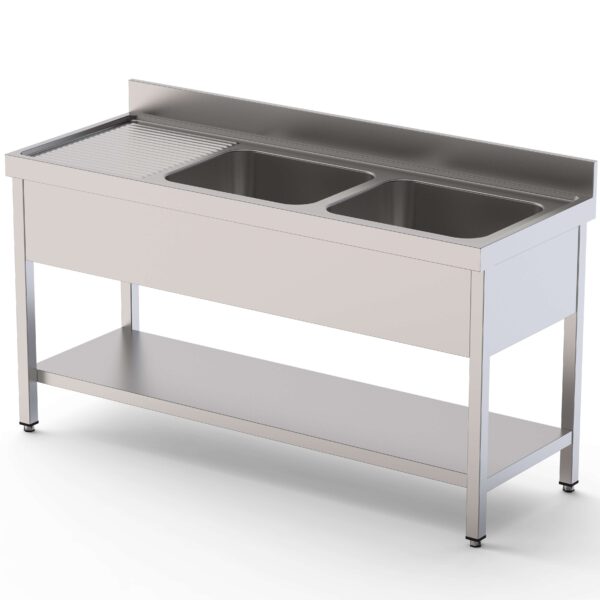 Fregadero Acero Inoxidable 2 Cubas Derecha Fondo 600 Con Mueble Con Estante 2000x600x850h mm IS1620R20S1